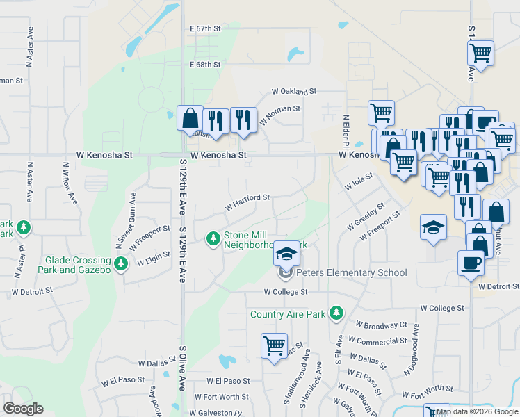 map of restaurants, bars, coffee shops, grocery stores, and more near 3201 West Hartford Street in Broken Arrow