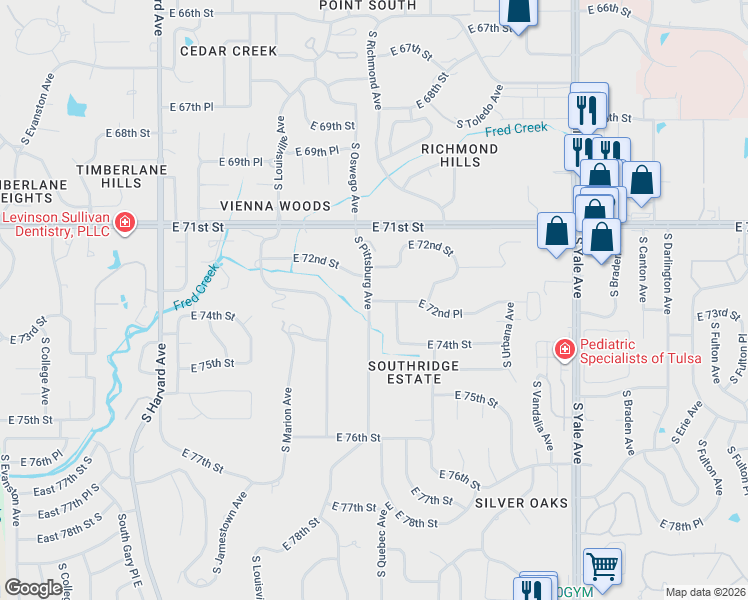map of restaurants, bars, coffee shops, grocery stores, and more near 4109 East 72nd Place in Tulsa