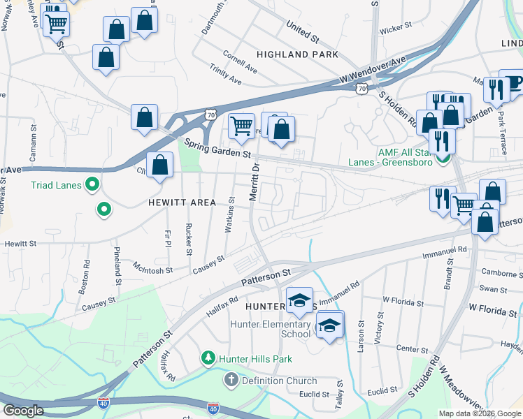 map of restaurants, bars, coffee shops, grocery stores, and more near 3650 Hewitt Street in Greensboro