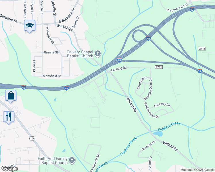 map of restaurants, bars, coffee shops, grocery stores, and more near 2405 Markwood Lane Southeast in Winston-Salem