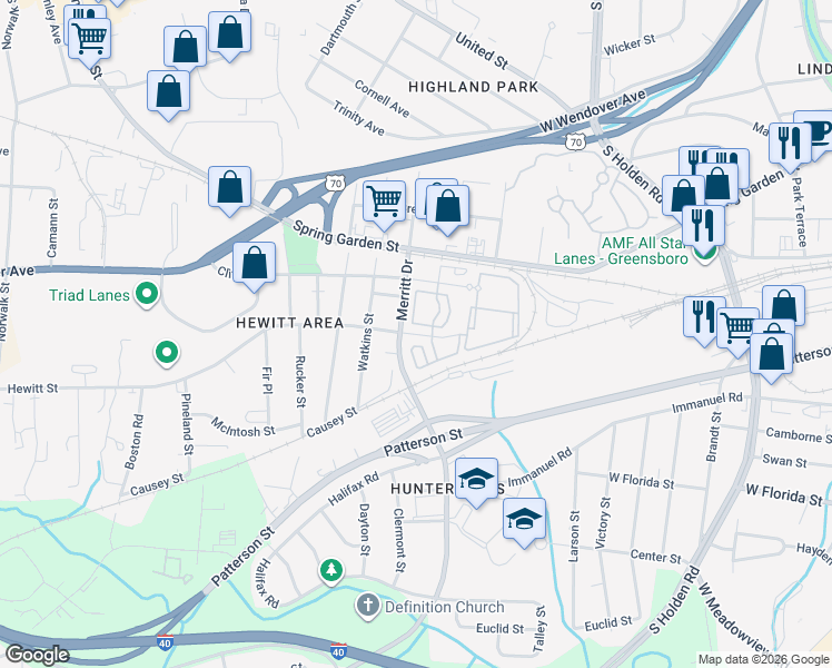 map of restaurants, bars, coffee shops, grocery stores, and more near 3650 Hewitt Street in Greensboro