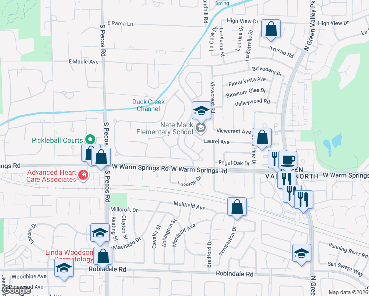 map of restaurants, bars, coffee shops, grocery stores, and more near 17 Hummingbird Lane in Henderson