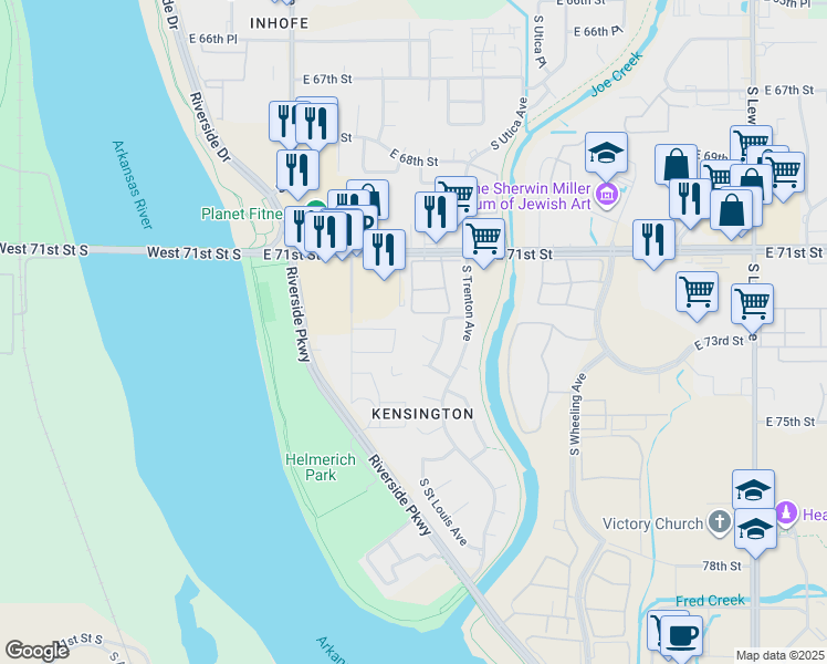 map of restaurants, bars, coffee shops, grocery stores, and more near 1514 East 73rd Place in Tulsa