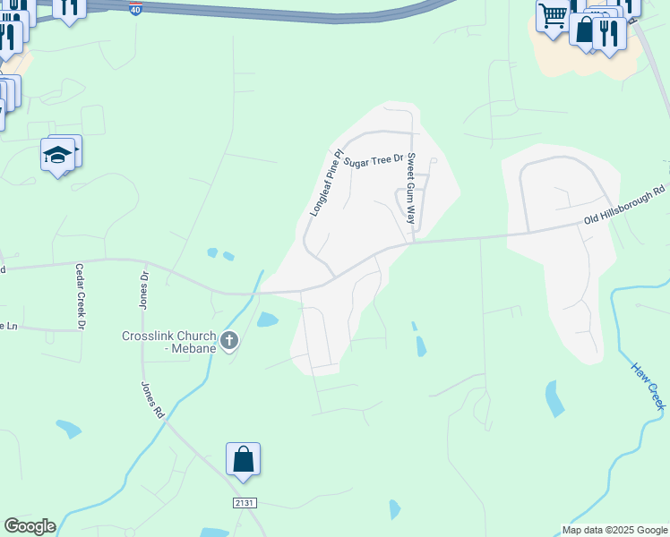 map of restaurants, bars, coffee shops, grocery stores, and more near 1107 Longleaf Pine Place in Mebane