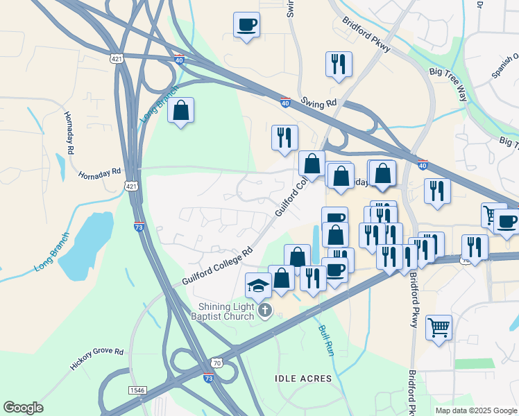 map of restaurants, bars, coffee shops, grocery stores, and more near 814 Guilford College Road in Greensboro