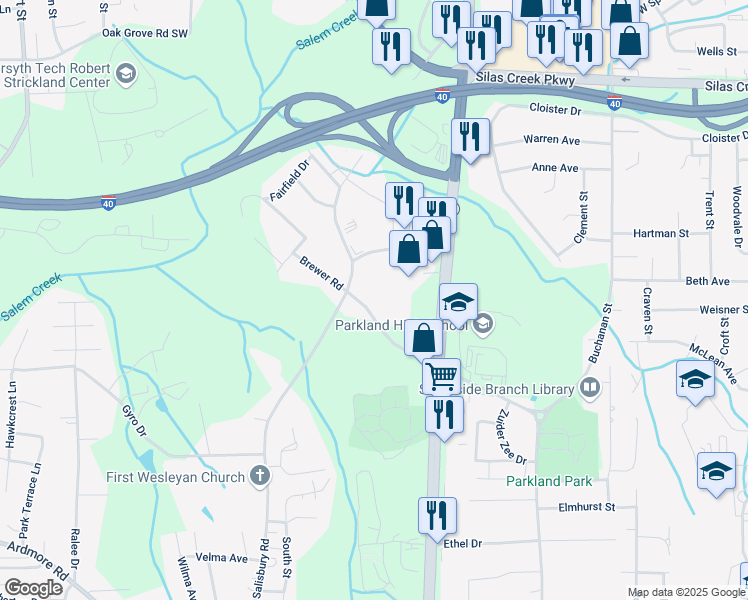map of restaurants, bars, coffee shops, grocery stores, and more near 1410 Brewer Road in Winston-Salem