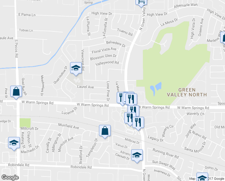 map of restaurants, bars, coffee shops, grocery stores, and more near 3185 La Mancha Way in Henderson