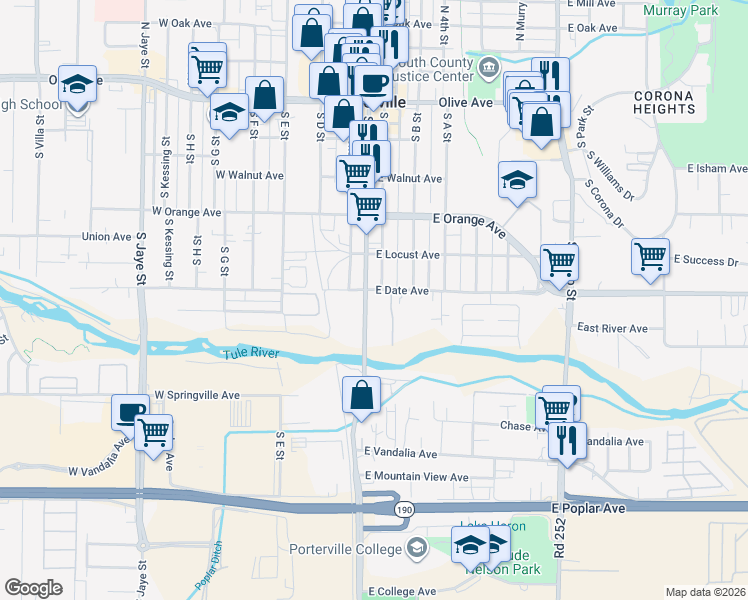 map of restaurants, bars, coffee shops, grocery stores, and more near 1-39 E Date Ave in Porterville