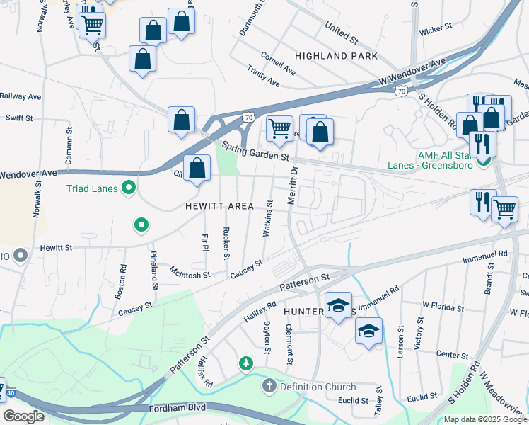 map of restaurants, bars, coffee shops, grocery stores, and more near 1002 Watkins Street in Greensboro
