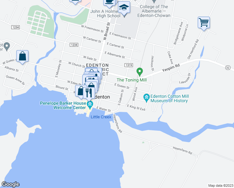 map of restaurants, bars, coffee shops, grocery stores, and more near 208 South Oakum Street in Edenton