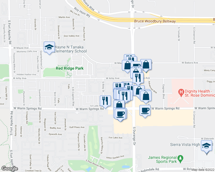 map of restaurants, bars, coffee shops, grocery stores, and more near 7123 South Durango Drive in Las Vegas
