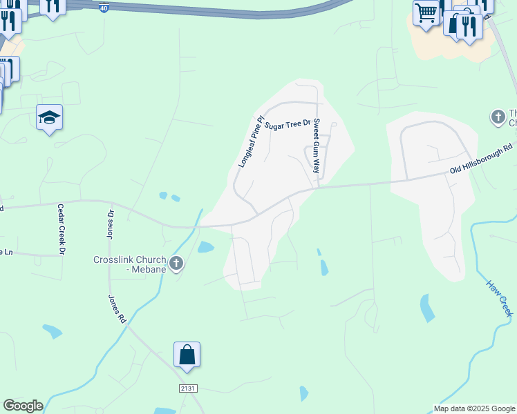 map of restaurants, bars, coffee shops, grocery stores, and more near 1107 Longleaf Pine Place in Mebane