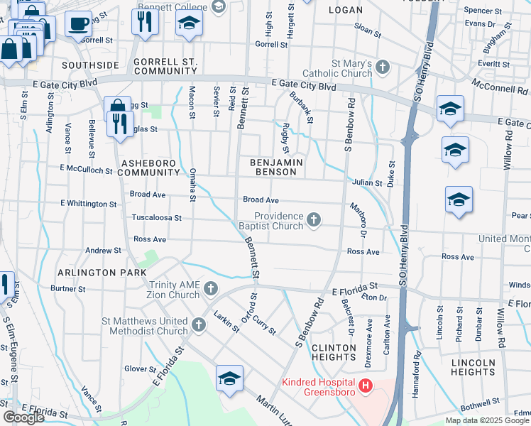 map of restaurants, bars, coffee shops, grocery stores, and more near 1106 Benjamin Benson Street in Greensboro