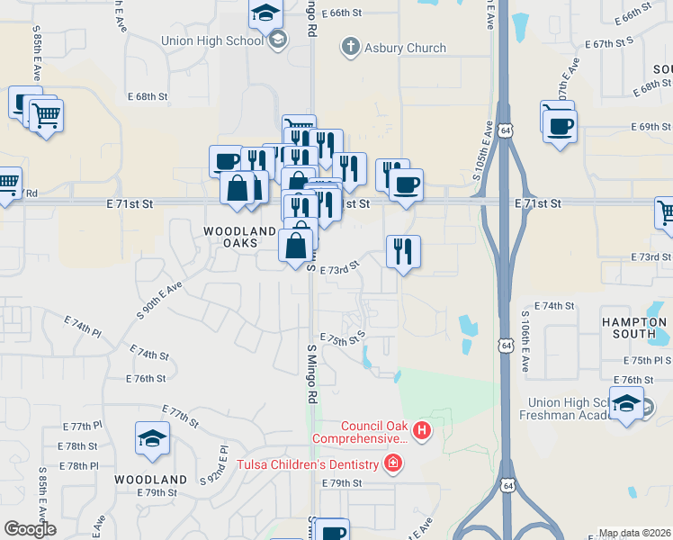 map of restaurants, bars, coffee shops, grocery stores, and more near 7181 South Mingo Road in Tulsa