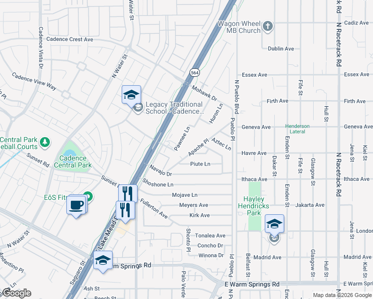 map of restaurants, bars, coffee shops, grocery stores, and more near 225 Apache Place in Henderson
