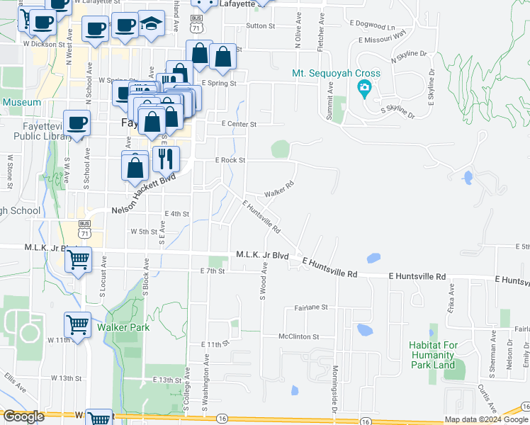 map of restaurants, bars, coffee shops, grocery stores, and more near 406 East Huntsville Road in Fayetteville