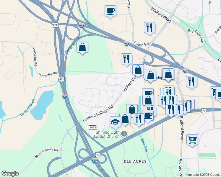 map of restaurants, bars, coffee shops, grocery stores, and more near 814 Guilford College Road in Greensboro