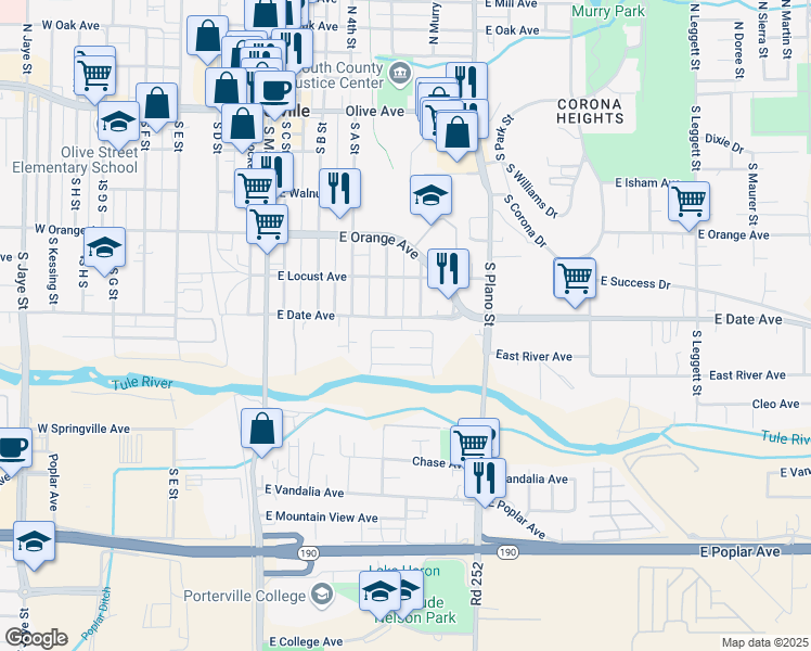map of restaurants, bars, coffee shops, grocery stores, and more near 270 Presidio Avenue in Porterville