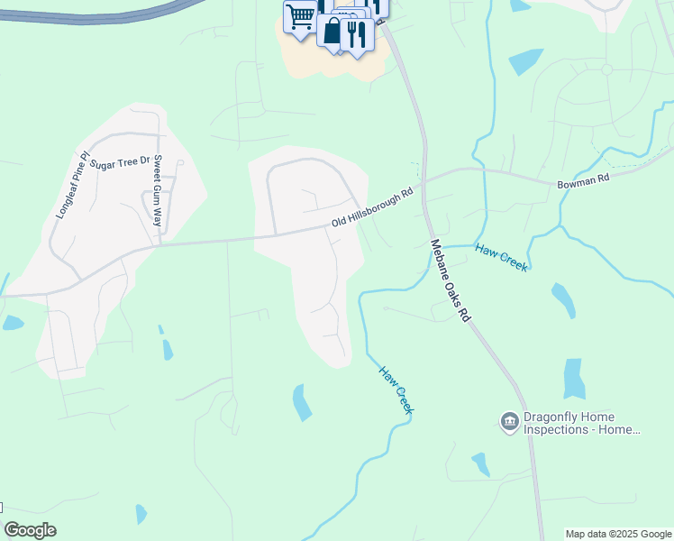 map of restaurants, bars, coffee shops, grocery stores, and more near 1533 Grace Landing Drive in Mebane