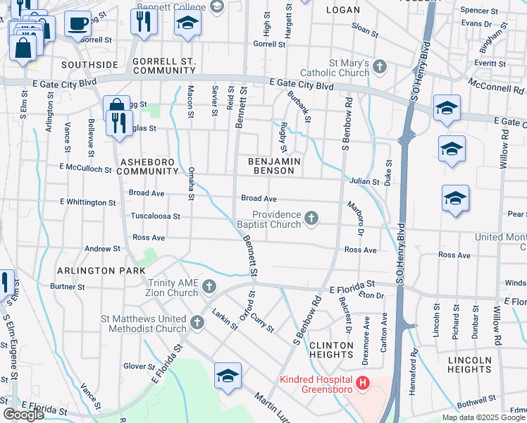 map of restaurants, bars, coffee shops, grocery stores, and more near 1106 Benjamin Benson Street in Greensboro