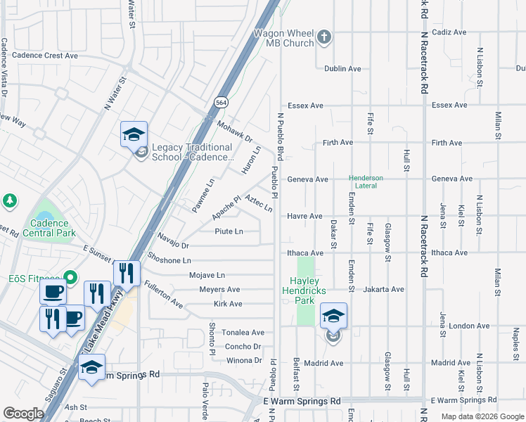 map of restaurants, bars, coffee shops, grocery stores, and more near 277 Aztec Lane in Henderson