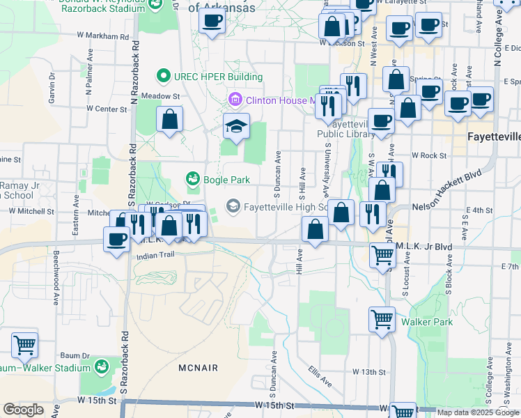 map of restaurants, bars, coffee shops, grocery stores, and more near 458 South Buchanan Avenue in Fayetteville