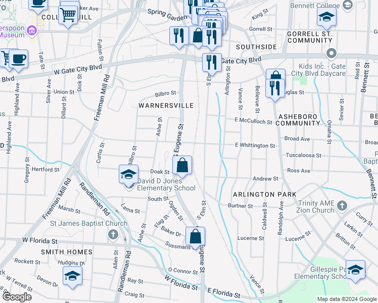 map of restaurants, bars, coffee shops, grocery stores, and more near 107 West Whittington Street in Greensboro