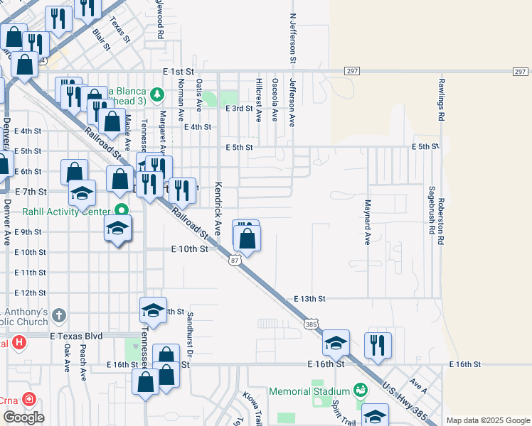 map of restaurants, bars, coffee shops, grocery stores, and more near 1416 East 8th Street in Dalhart