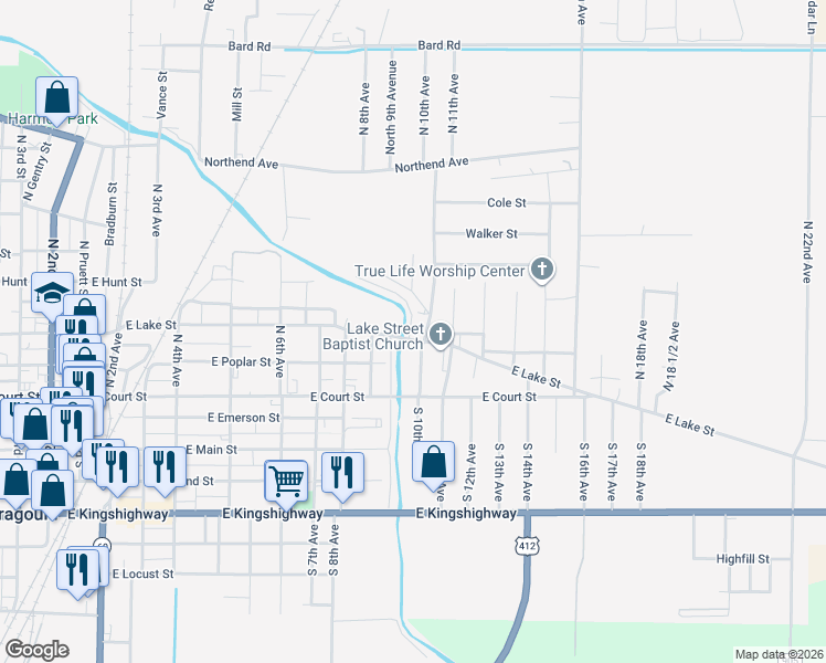 map of restaurants, bars, coffee shops, grocery stores, and more near 904 East Lake Street in Paragould