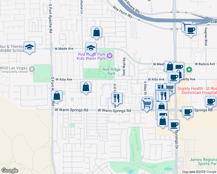 map of restaurants, bars, coffee shops, grocery stores, and more near 9050 West Warm Springs Road in Las Vegas