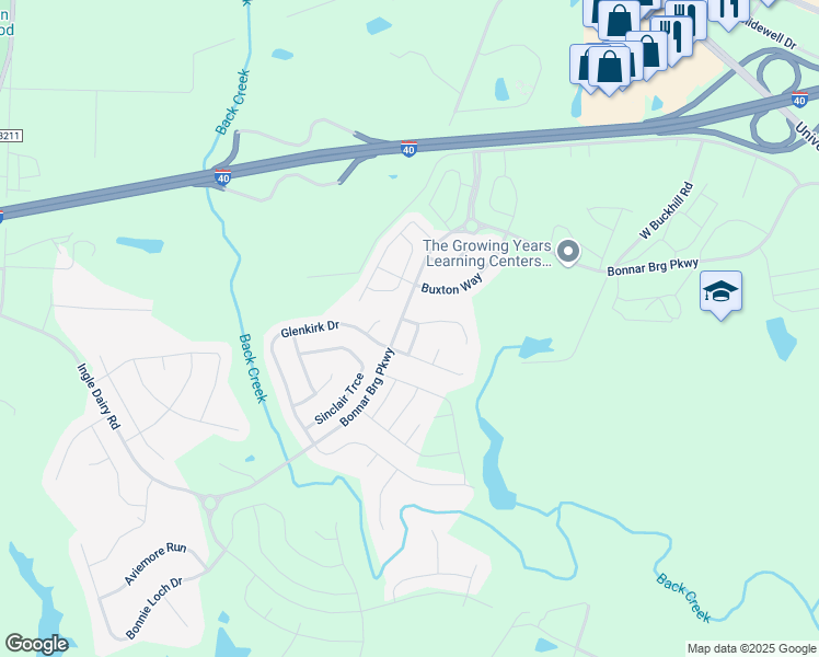 map of restaurants, bars, coffee shops, grocery stores, and more near 4007 Adair Lane in Burlington