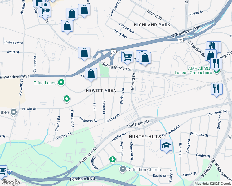 map of restaurants, bars, coffee shops, grocery stores, and more near 901 Cranbrook Street in Greensboro