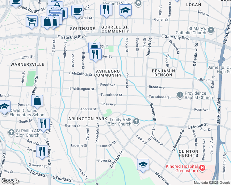 map of restaurants, bars, coffee shops, grocery stores, and more near 1111 Martin Street in Greensboro