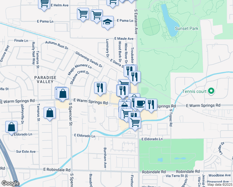 map of restaurants, bars, coffee shops, grocery stores, and more near 2180 East Warm Springs Road in Las Vegas