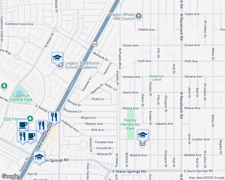 map of restaurants, bars, coffee shops, grocery stores, and more near 277 Aztec Lane in Henderson