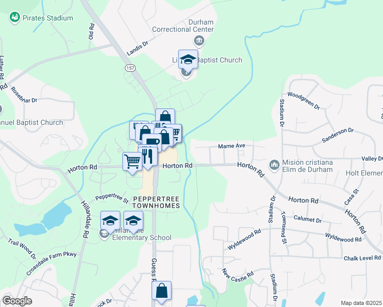 map of restaurants, bars, coffee shops, grocery stores, and more near 1335 Marne Avenue in Durham