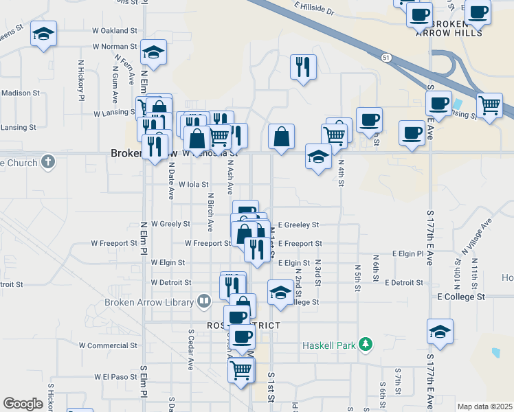 map of restaurants, bars, coffee shops, grocery stores, and more near 710 North 1st Street in Broken Arrow