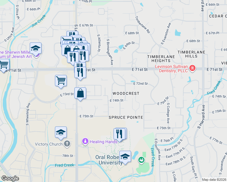 map of restaurants, bars, coffee shops, grocery stores, and more near 2619 East 73rd Street in Tulsa