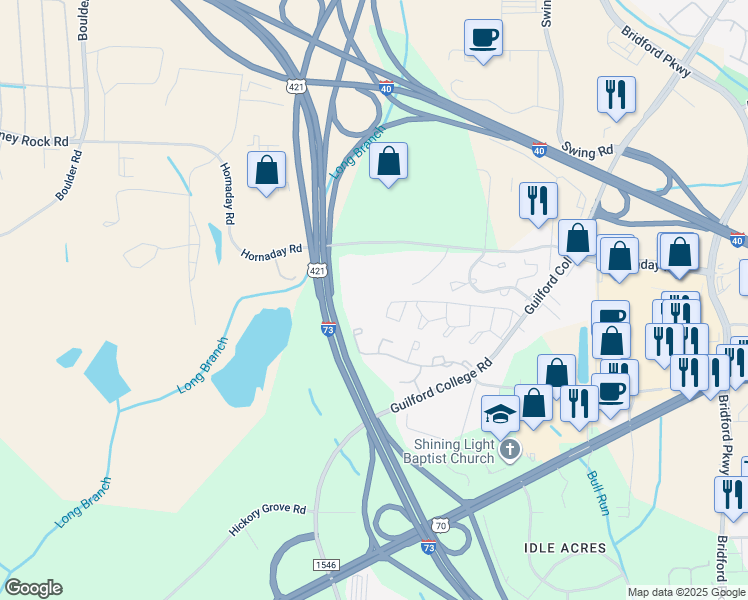 map of restaurants, bars, coffee shops, grocery stores, and more near 5661 Hornaday Road in Greensboro