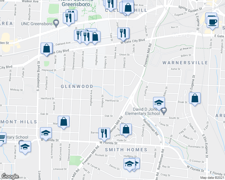 map of restaurants, bars, coffee shops, grocery stores, and more near 1006 Silver Avenue in Greensboro