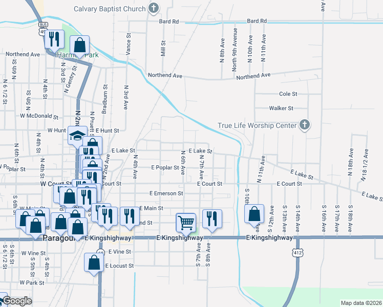 map of restaurants, bars, coffee shops, grocery stores, and more near 601 East Lake Street in Paragould