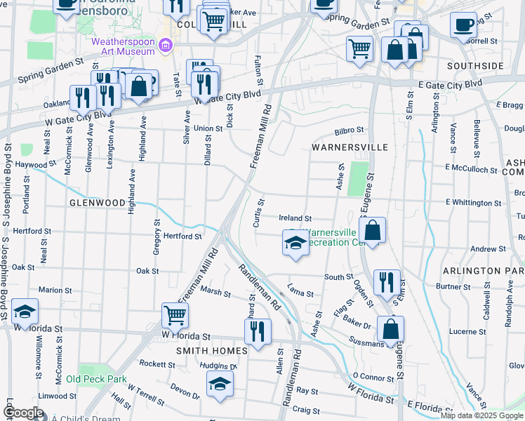 map of restaurants, bars, coffee shops, grocery stores, and more near 620 Ireland Street in Greensboro