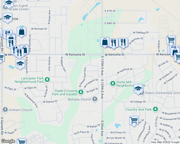map of restaurants, bars, coffee shops, grocery stores, and more near 3712 West Hartford Street in Broken Arrow