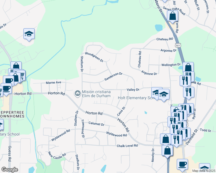 map of restaurants, bars, coffee shops, grocery stores, and more near Valley Drive in Durham