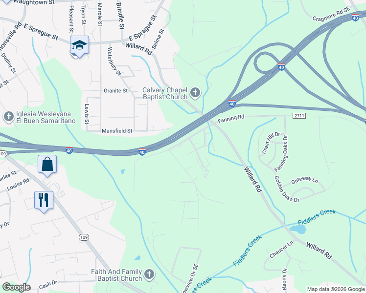 map of restaurants, bars, coffee shops, grocery stores, and more near 1704 Green Oaks Drive Southeast in Winston-Salem