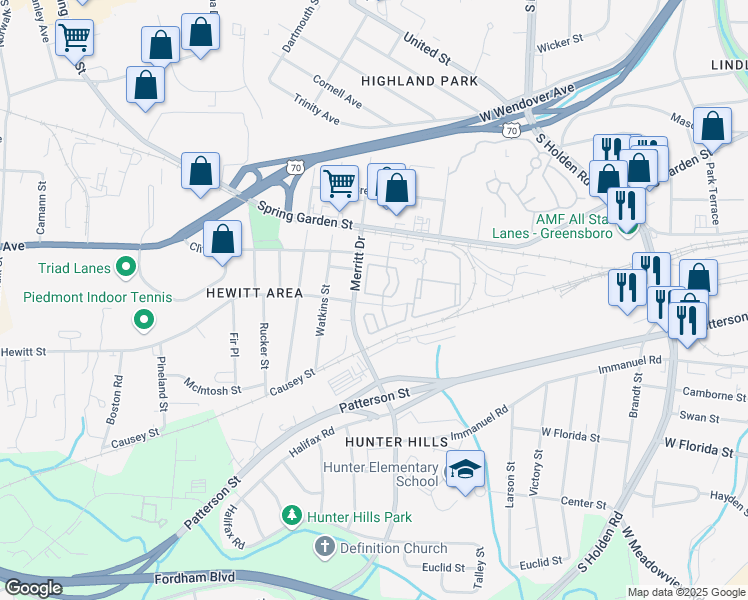 map of restaurants, bars, coffee shops, grocery stores, and more near 3630 Hewitt Street in Greensboro