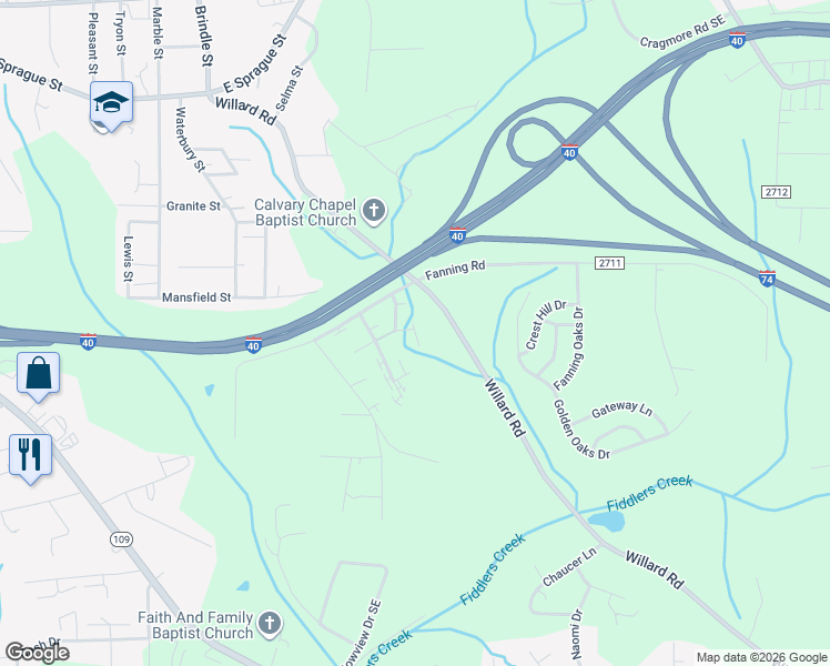 map of restaurants, bars, coffee shops, grocery stores, and more near 2405 Markwood Lane Southeast in Winston-Salem