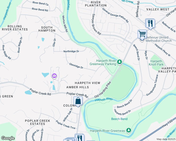 map of restaurants, bars, coffee shops, grocery stores, and more near 1700 Glenridge Drive in Nashville