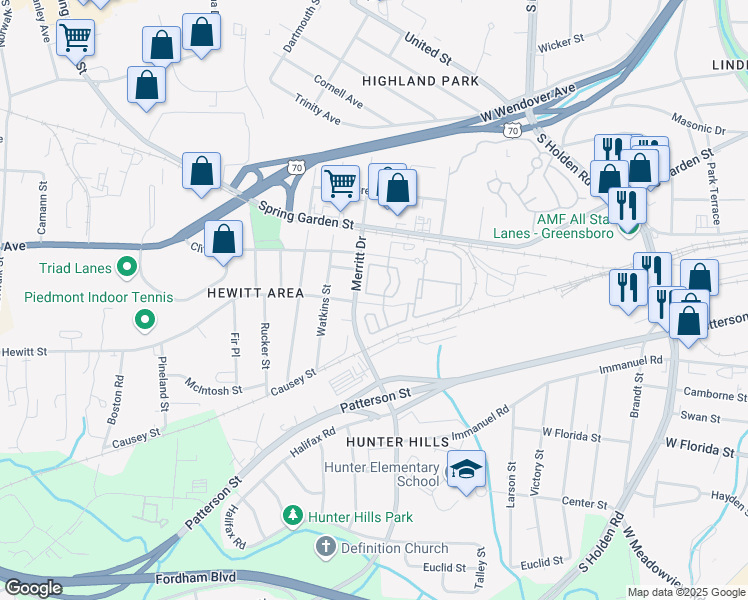 map of restaurants, bars, coffee shops, grocery stores, and more near 3632 Hewitt Street in Greensboro