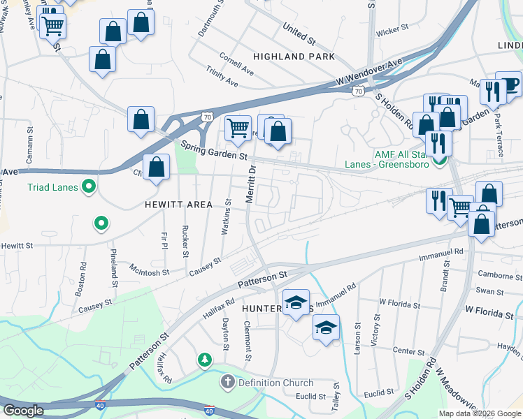 map of restaurants, bars, coffee shops, grocery stores, and more near 3634 Hewitt Street in Greensboro